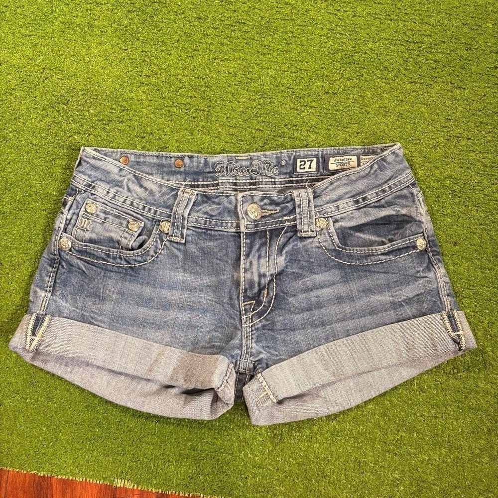Vtg Y2k Miss Me Denim Low Rise Shorts Sz 27 Rhinestone Floral Embellished